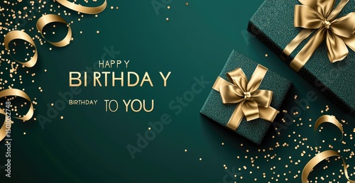 Green birthday backdrop with gifts