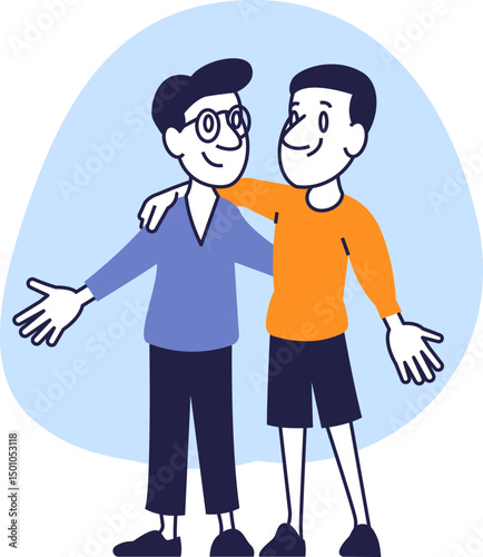 Friendly Hug Between Two Happy Male Friends, Cartoon Style Illustration