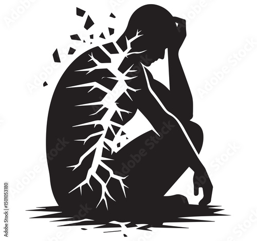 Silhouette of Man in Despair: Mental Health Illustration of Depression, Anxiety, and Emotional Breakdown in Vector Art Style