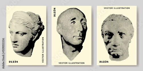 Head stylized with numbers. Vector. Digital graphic for posters, banners, flyers, cover, historic artwork, ancient picture. Vintage engraving Plaster head of Diana, Niccolo da Uzzano, Gattamelata.