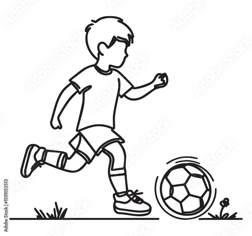 Boy Kicking Soccer Ball Outline Illustration: Child Playing Football, Black and White Line Art, Sports Activity Drawing for Kids Coloring Page