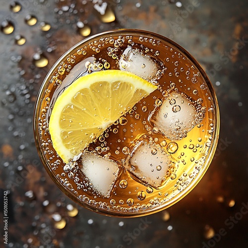 Top down view of iced tea clear glass sharp lemon wedge ice cube reflecting soft artificial light condensation bead perfectly defined captured using wide aperture creamy blurred backdrop ultra sharp