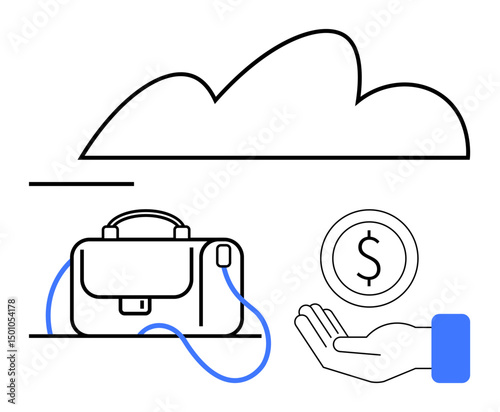 Cloud above a business briefcase and a coin hovering over an outstretched hand. Ideal for finance, technology, cloud computing, digital wallets, business solutions, payment platforms, simple landing
