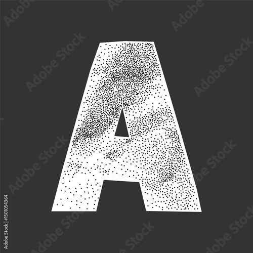 Letter A with crumpled paper texture, gritty stipple effect. Collage ransom note style, halftone grunge surface, aged look with torn edges.