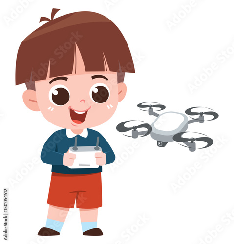 Cartoon Boy Flying a Drone with Remote Control