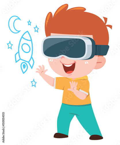 Cartoon Boy Exploring Space with VR Glasses