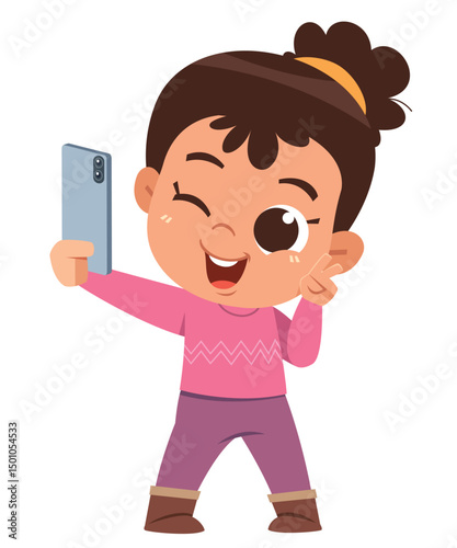 A cute cartoon girl is smiling and posing with a smartphone while taking a selfie.