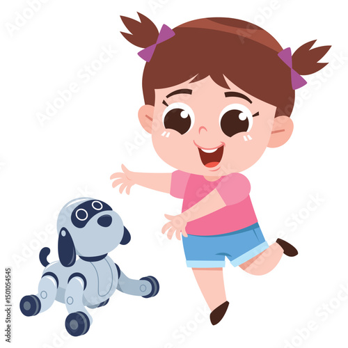 Cartoon Girl Playing with a Robot Dog