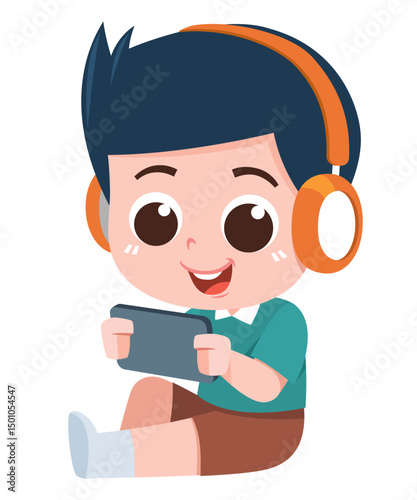A cheerful cartoon boy wearing orange headphones is sitting and playing on a tablet.