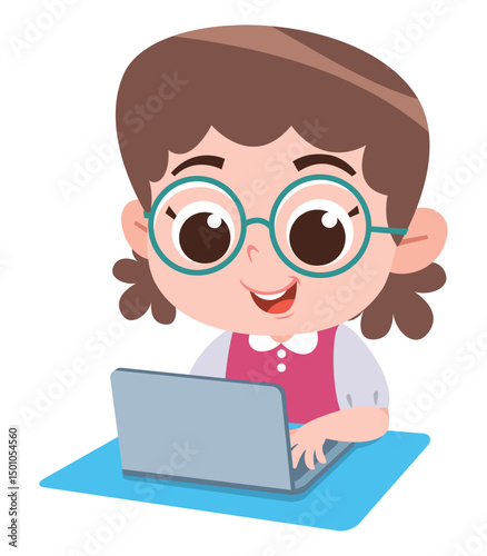 A cute cartoon girl with round glasses is happily using a laptop.