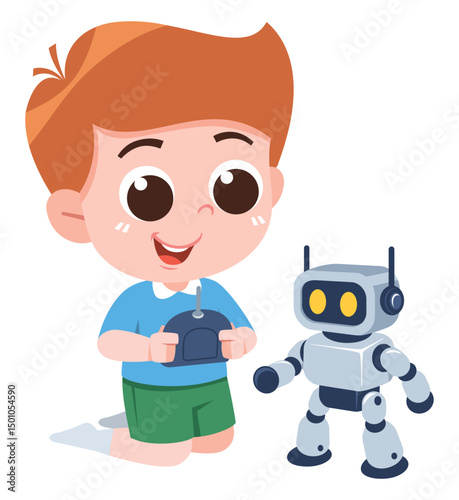 A cute cartoon boy is kneeling while happily controlling a small humanoid robot using a remote control.