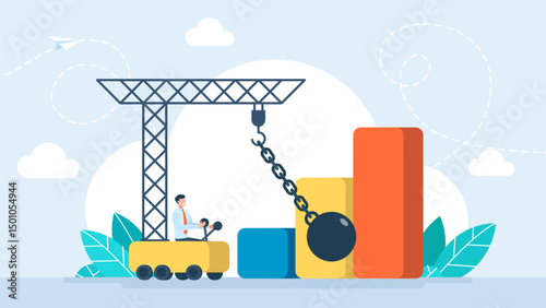 Economic crisis. A wrecking ball hits and knocks down the graph columns. Recession, inflation and bankruptcy, unexpected force majeure, stock and investment crash. Vector illustration