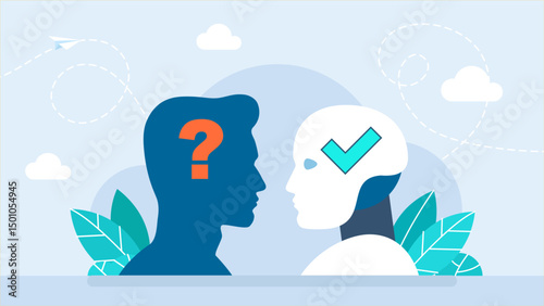 Artificial intelligence vs human in thinking work process. Robot and man. AI vs human mind, question mark, check mark tab. Robot solutions and ideas better than man. Vector illustration.