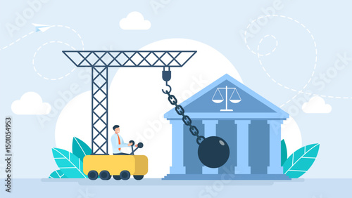 Wrecking ball representation breaking a judicial system, representing the heavy impact in the court. Problems, debt, addiction liberty. Crisis management and Problem solving. Vector illustration.