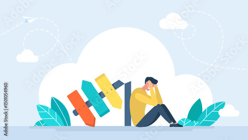 A man sits on the floor with his head in his hands. Cut off direction indicator. Businessman in front of a choice, chooses the path. A man is thinking near the direction indicator. Vector illustration