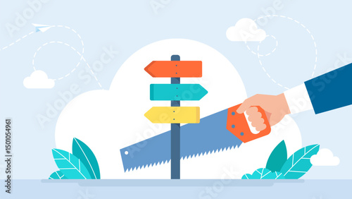 A man cuts a direction sign, a pointer with a saw. The concept of confusion, no landmarks. Entrepreneur chooses the path. A businessman is thinking near the direction indicator. Vector illustration