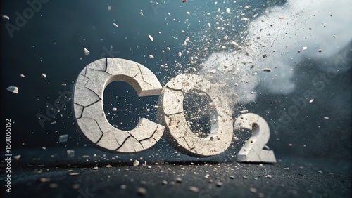 Wind turbine carbon-free concept. Carbon dioxide letters disintegrating, symbolizing environmental issues and pollution.