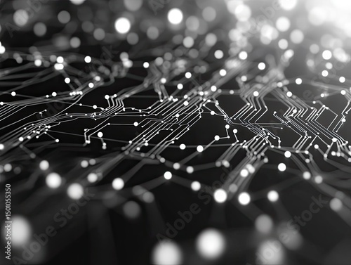 Abstract circuit board design, intricate network of interconnected lines and points, creating a complex, detailed pattern, illuminated with bright highlights