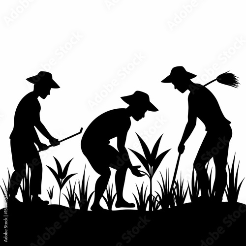Farmers Working in Field Silhouette