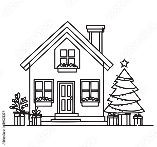 Christmas House Line Art: Holiday Home with Tree, Gifts, and Decorations - Black and White Vector Illustration for Coloring Pages