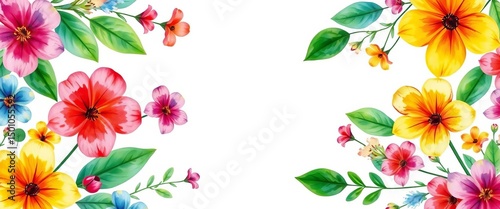 Vibrant watercolor floral frame, colorful blossoms & leaves on white,  delicate,  background