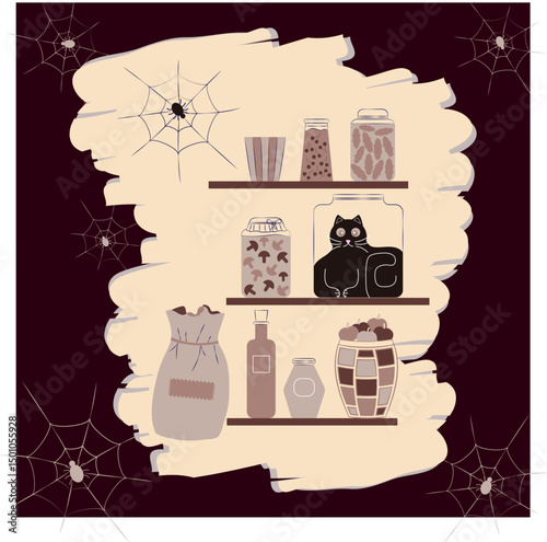 Funny Black Cat Stuck in a Jar on Pantry Shelf – Vector Illustration