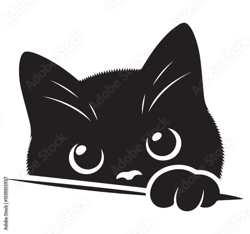 Cute Black Cat Peeking Vector Illustration: Cartoon Kitten with Big Eyes, Paw, and Whiskers - Adorable Pet Graphic for Stickers & Design