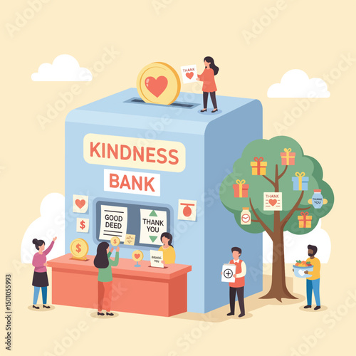 Charity social campaign, delivery of donations set. Tiny people on forklift and drones delivering boxes of hearts, give and donate red hearts of love gifts to glass jar cartoon vector illustration