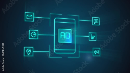 Ad text illuminates on smartphone display, connected through glowing lines to marketing elements, next level advertising in a virtual environment.