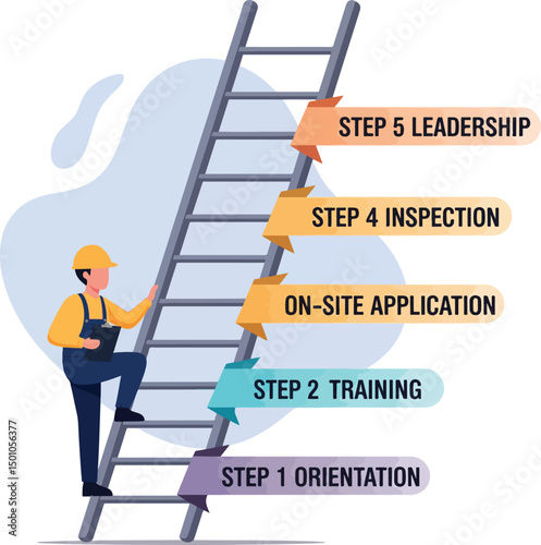 a symbolic ladder where each step represents progress in safety knowledge and compliance Step 1 = Orientation, Step 2 = Training, Step 3.eps