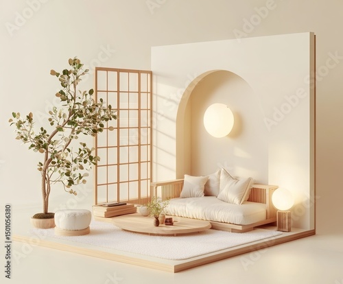 Minimalist, light-filled Japanese-style room.  A digitally rendered, serene space, showcasing a light-colored wooden platform.  A low sofa, round table, and potted tree are central,