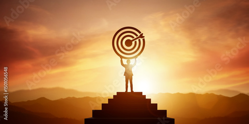 Silhouette of businessman holding target board on top staircase with light sunset. Concept of business goal and strategy planning, customer target groups for investment and development of success.