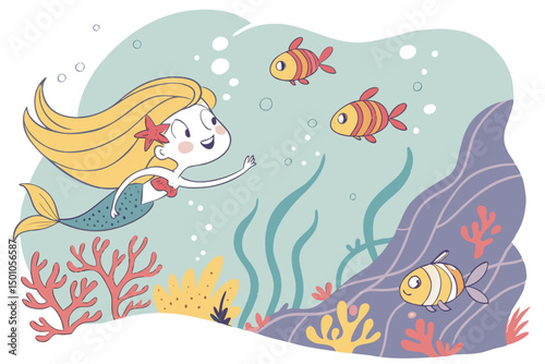 Cute Mermaid Swimming with Colorful Fish in Ocean