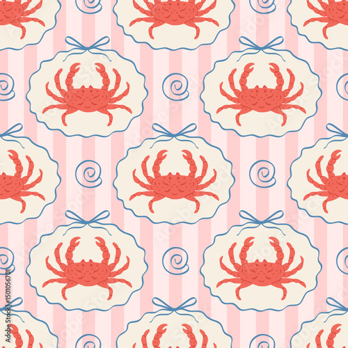 Seamless pattern with hand drawn crab in ribbon frame with bow. Mediterranean elegant background. Marine vintage wallpaper with seafood, crawfish. Summer coastal ocean print. Vector illustration.