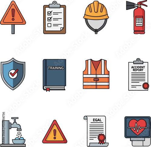a flat vector icon set showcasing 12 essential safety and compliance items warning sign, clipboard with checklist, hard hat, fire extinguisher.eps