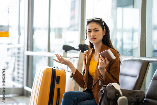Unhappy young woman traveler disappointed with flight delay or cancelation while waiting at airport terminal, female tourist upset after receiving bad news when sitting at airline lounge.