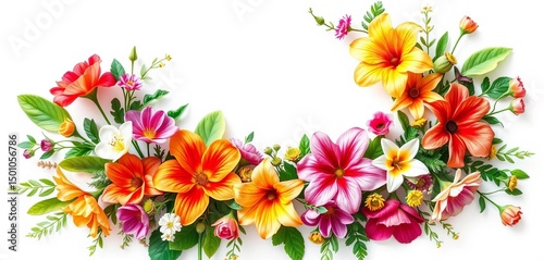 Vibrant watercolor wreath of summer blooms, leafy greenery on soft background,  floral,  summer flowers