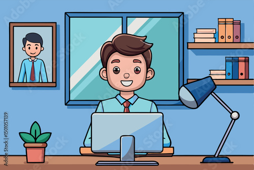 Cartoon Office Team Meeting at Round Table – Diverse People with Laptops and Coffee Cups, Flat Vector Design on White Background