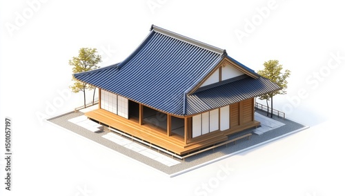 Isometric view of a traditional Japanese house with a tiled roof, wooden structure, and sliding doors