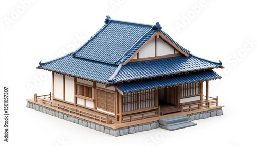 Isolated 3D model of a traditional Japanese house.  Elevated, light-brown wooden structure with a blue-tiled roof.  Simple design, rectangular layout,  