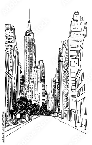 Vector artistic sketchy pen and ink drawing illustration of generic city high rise cityscape landscape with skyscraper buildings.
