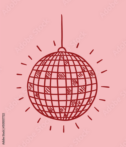Hand-drawn vector drawing in linear style, sketch. Disco ball on pink background