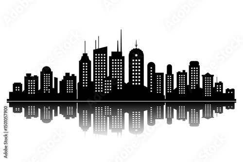 panorama black vector design of the city with reflection below