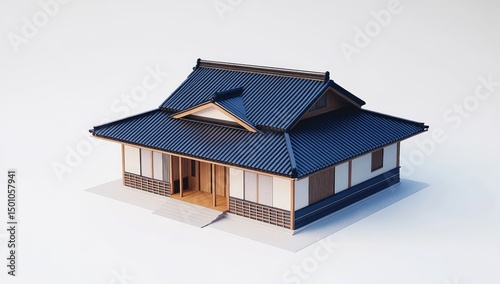 A low-angle, 3D model of a traditional Japanese house.  Dark-blue roof, light-brown wood siding.  Simple, clean lines.  Square form, with a slightly pitched roof.