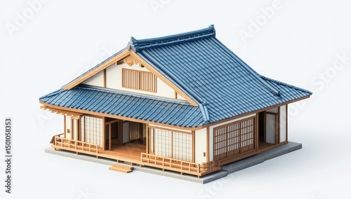 3D model of a traditional Japanese house.  Light beige exterior,  dark-blue roof tiles,  wooden details,  sliding doors, small veranda