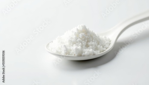 Spoonful of white sugar against white backdrop, macro, photography, spoonful