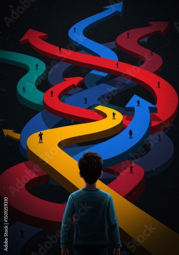 Illustration of a Man Viewing Multiple Colorful Arrows with Dark Background