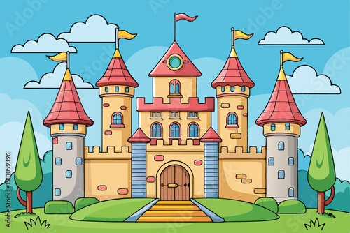 Cartoon Fairytale Castle Illustration with Towers and Flags