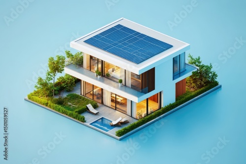 Modern, eco-friendly home, isometric view.  Features solar panels, patio, pool, and landscaping.  Light, airy, and sustainable design