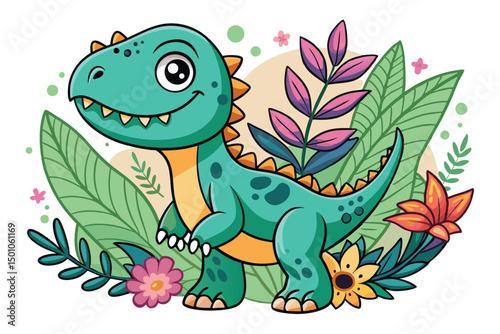 Adorable Cartoon Dinosaur in Lush Tropical Flowers